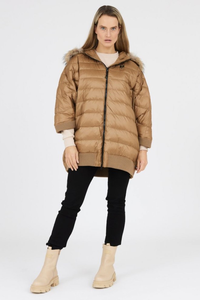 BLAUER Brown down cape with raccoon fur