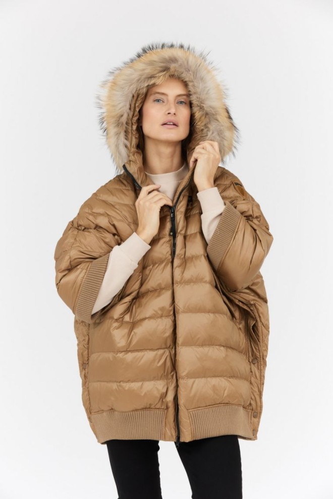 BLAUER Brown down cape with raccoon fur