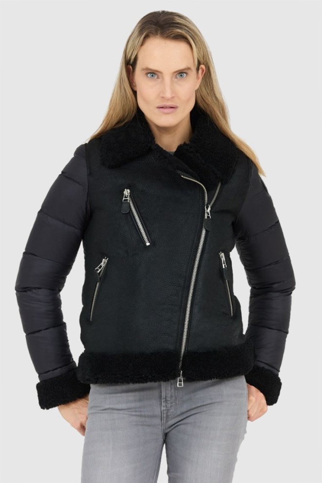 BLAUER Women's black sheepskin coat with quilted sleeves