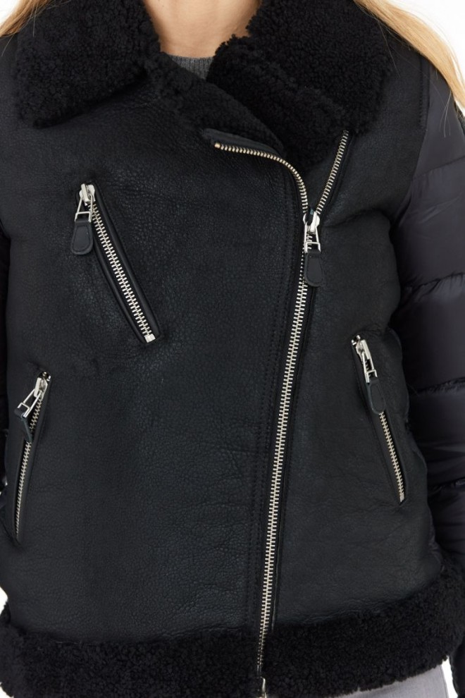 BLAUER Palton negru pentru femei din piele de oaie cu mâneci matlasate