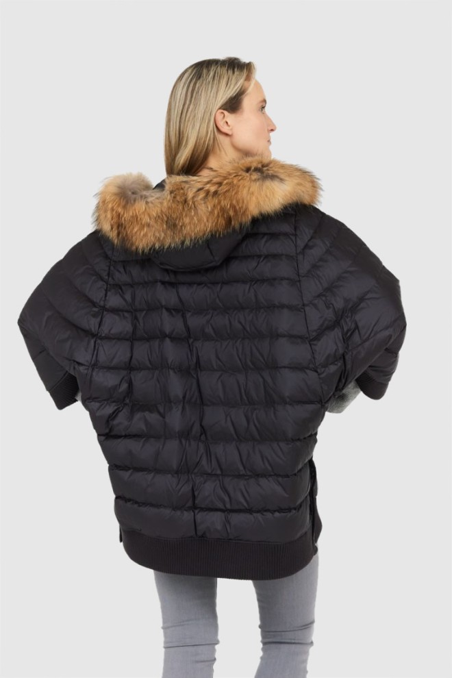 BLAUER Black down cape with raccoon fur