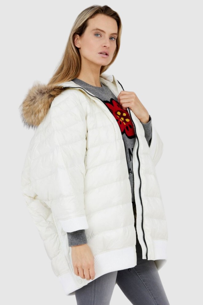 BLAUER Palton din puf ecru pentru femei cu blană de raton