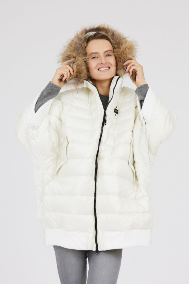 BLAUER Palton din puf ecru pentru femei cu blană de raton