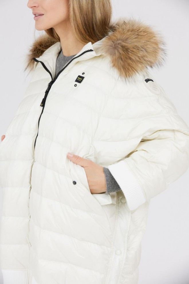 BLAUER Ecru down cape with raccoon fur