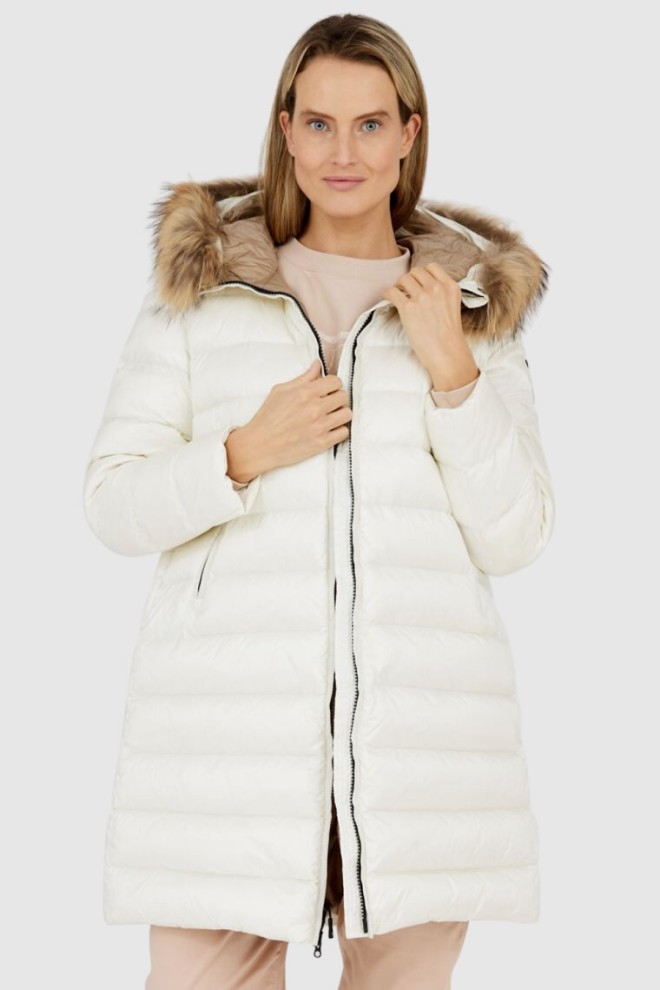BLAUER Geacă de puf pentru femei, ecru, cu blană de raton detașabilă
