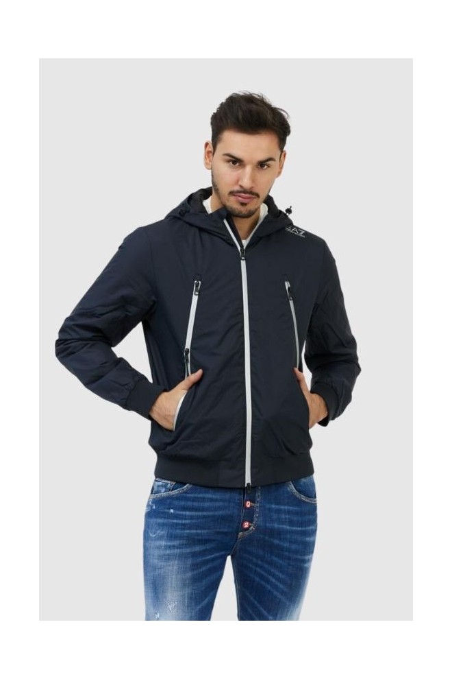 EA7 Men's navy blue jacket with silver zippers