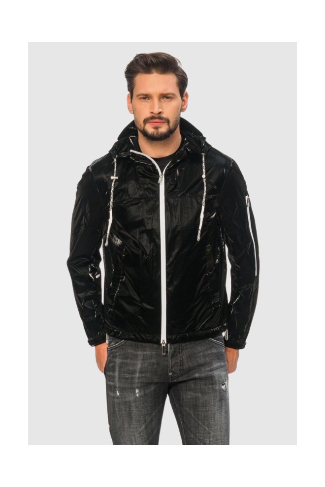 EMPORIO ARMANI Jachetă neagră din material tehnic pentru bărbați, sticlă extra lucioasă