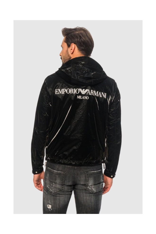 EMPORIO ARMANI Black technical fabric jacket extra shiny glass