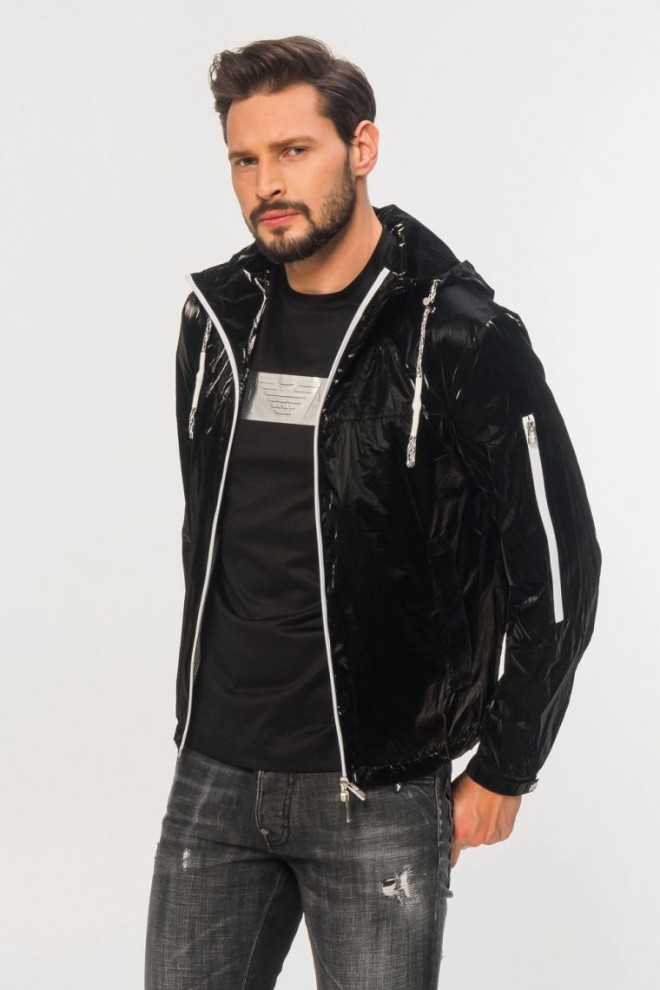 EMPORIO ARMANI Jachetă neagră din material tehnic pentru bărbați, sticlă extra lucioasă