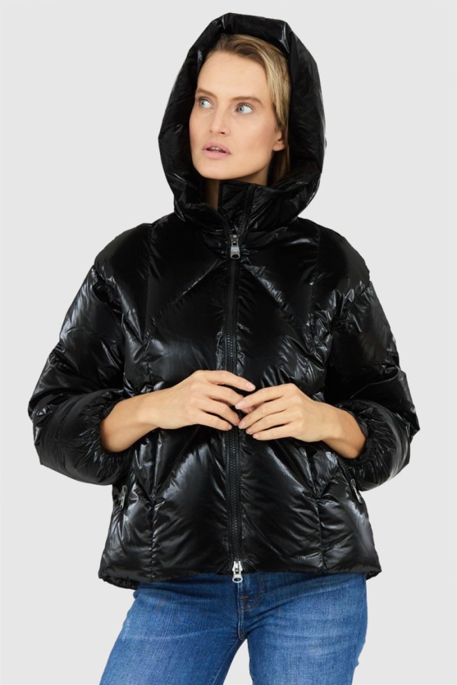 HETREGO Women's black shiny jacket with hood Muriel