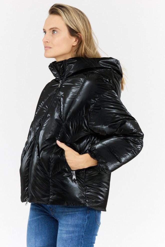 HETREGO Women's black shiny jacket with hood Muriel