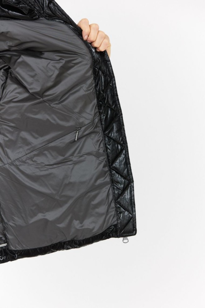 HETREGO Jachetă neagră lucioasă pentru femei cu glugă Muriel