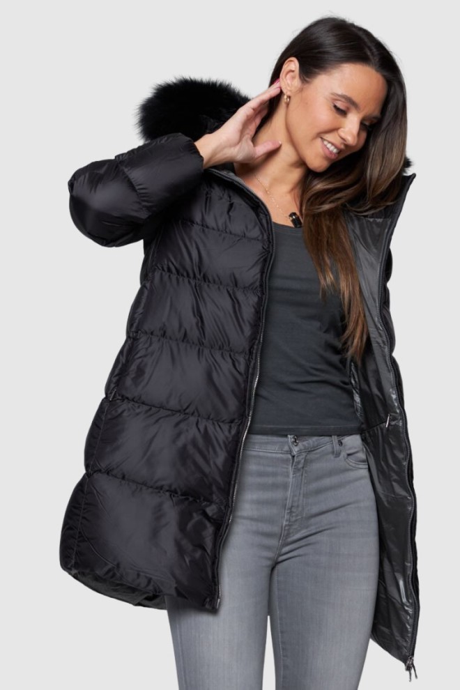 HETREGO Black long down jacket Hanna with foxing