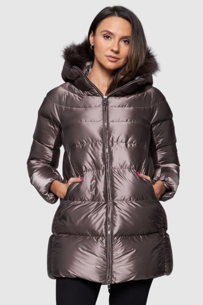 HETREGO Jachetă lungă de femei Hanna Taupe cu vulpe