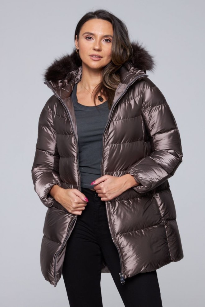 HETREGO Taupe long down jacket Hanna with foxing