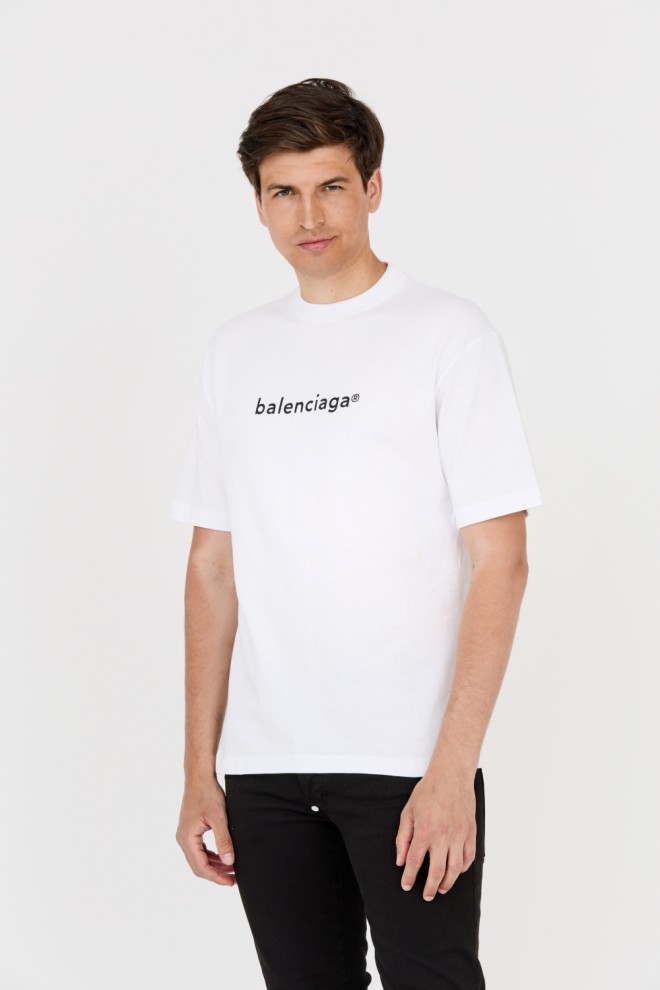 BALENCIAGA Tricou alb pentru bărbați cu logo negru