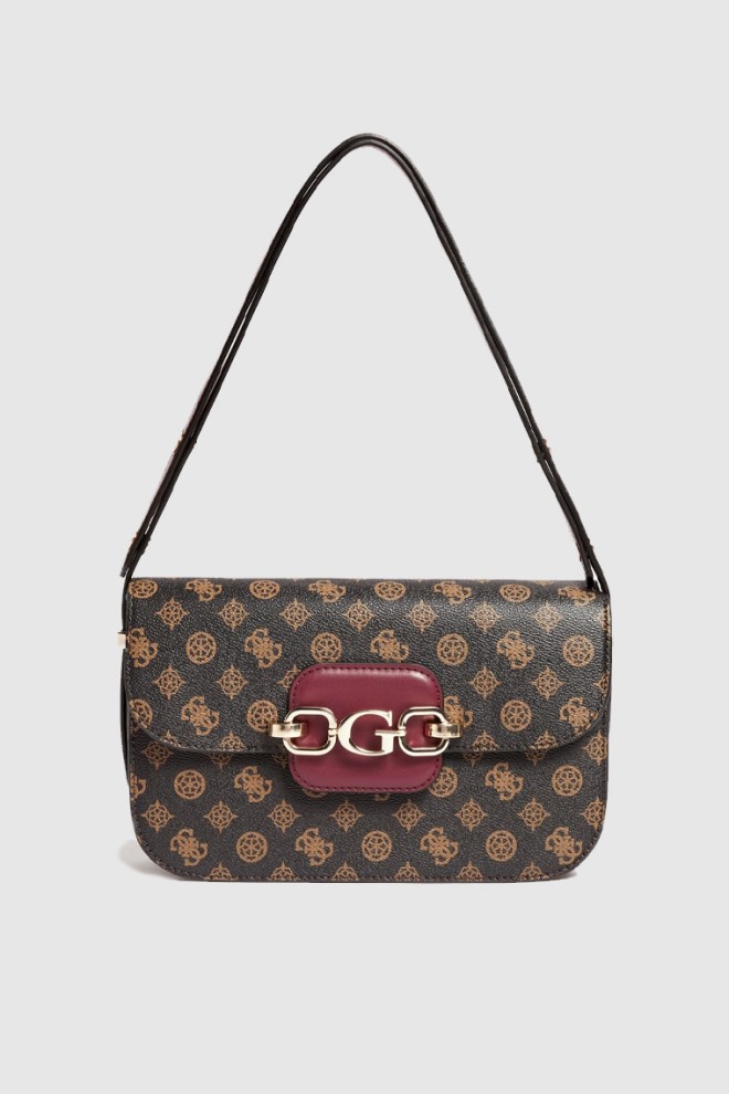 GUESS Geantă de mână maro cu logo și cataramă