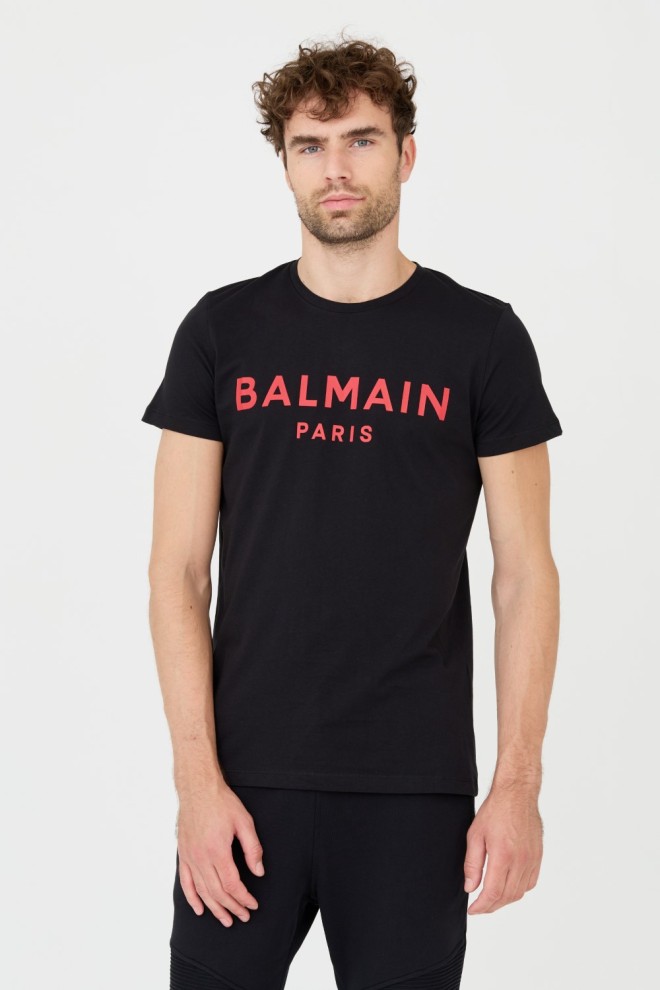 BALMAIN T-shirt czarny z czerwonym logo