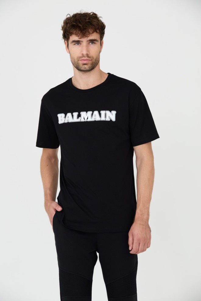 BALMAIN Чорна футболка з білим логотипом Retro Balmain Flock