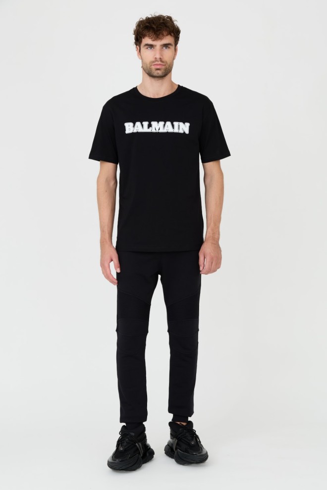 BALMAIN Black t-shirt with white Retro Balmain Flock logo