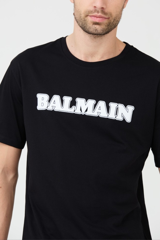 BALMAIN Чорна футболка з білим логотипом Retro Balmain Flock