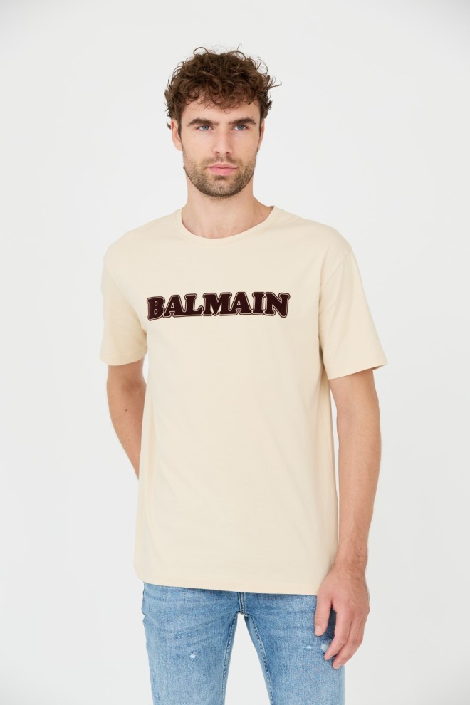 BALMAIN Beżowy t-shirt Retro Balmain Flock