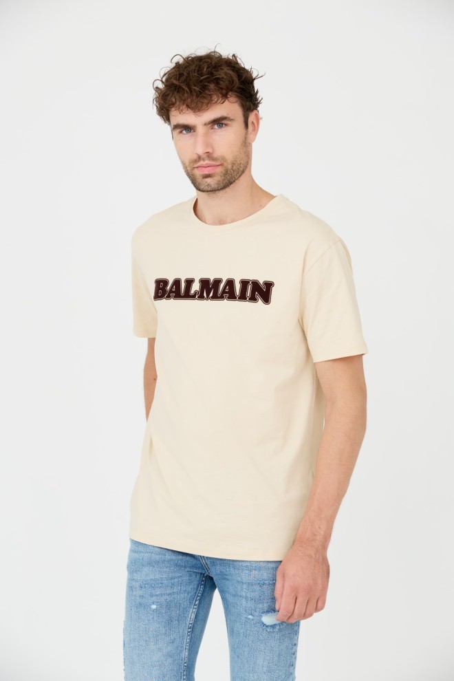 BALMAIN Beige Retro Balmain Flock T-Shirt