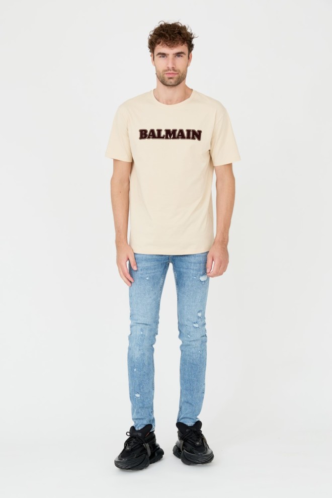 BALMAIN Beige Retro Balmain Flock T-Shirt