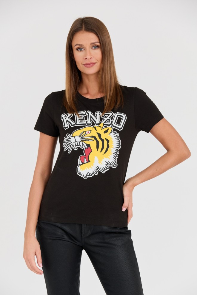 KENZO Чорна жіноча футболка Tiger Varsity з вирізом під горло