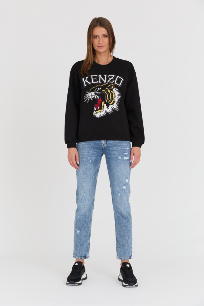 KENZO Tricou negru pentru femei TIGER VARSITY JUNGLE CREW-NEC