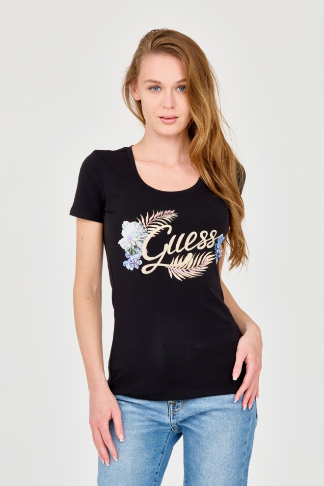 GUESS Damski czarny t-shirt ze zdobionym logo