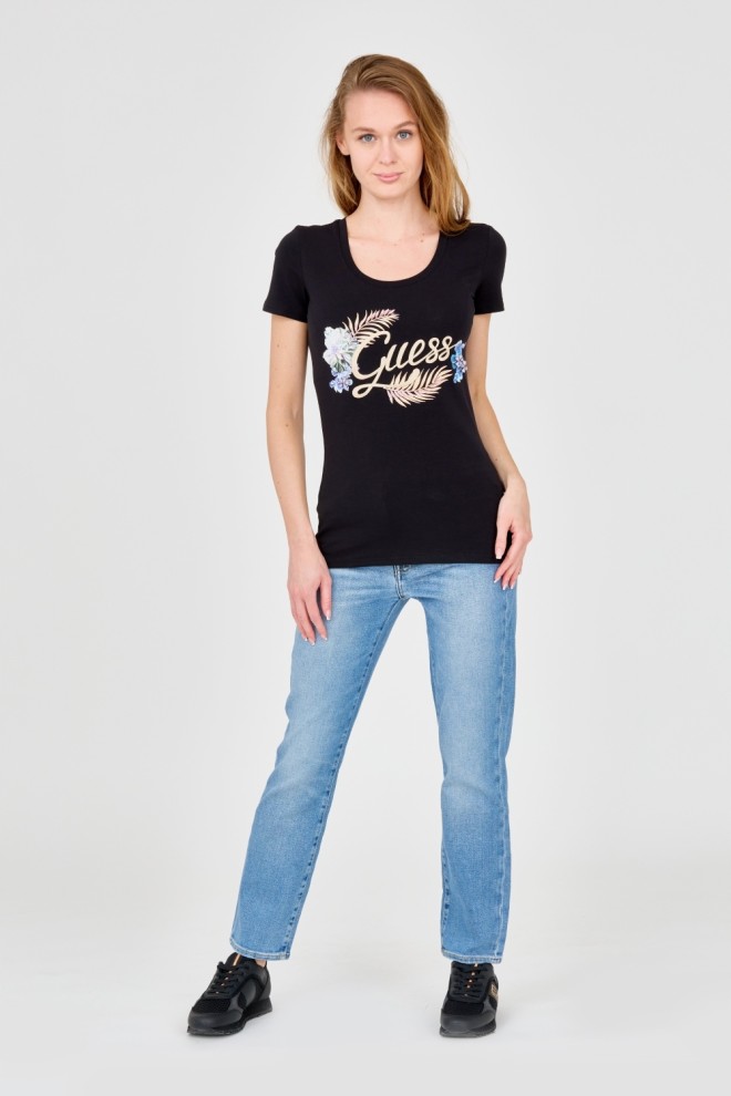 GUESS Damski czarny t-shirt ze zdobionym logo