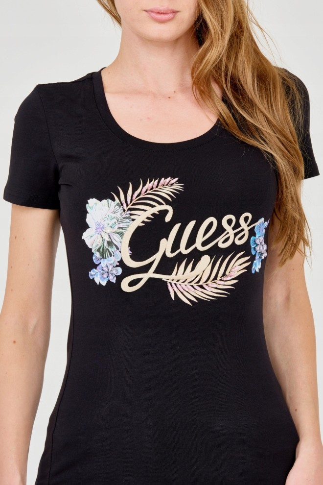 GUESS Damski czarny t-shirt ze zdobionym logo