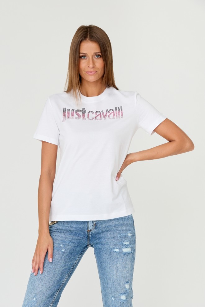 JUST CAVALLI Tricou alb pentru femei R LOGO CRYSTAL