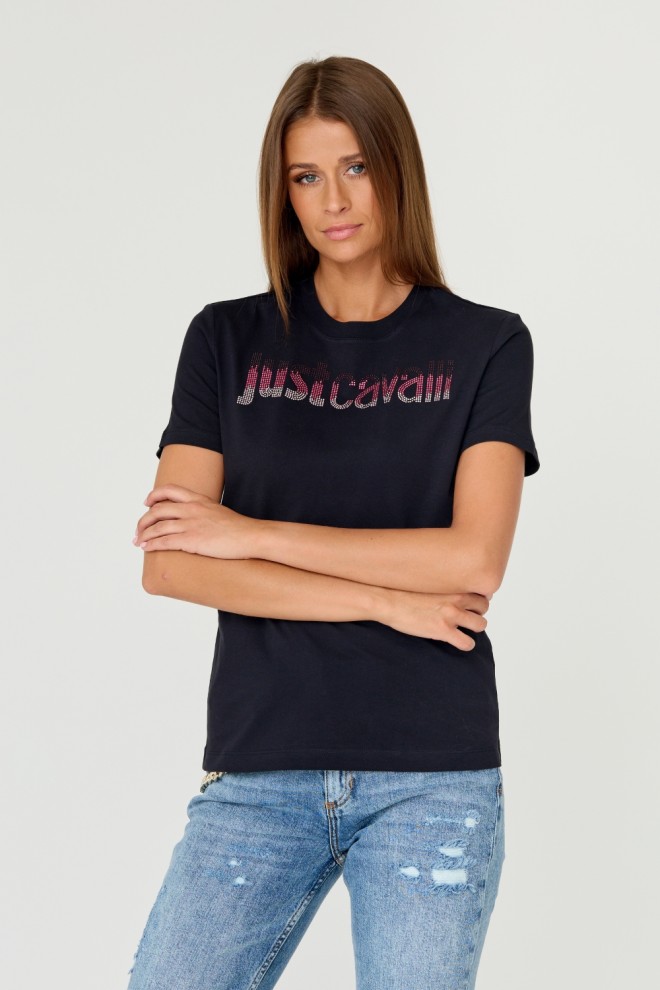JUST CAVALLI Tricou negru pentru femei R LOGO CRYSTAL