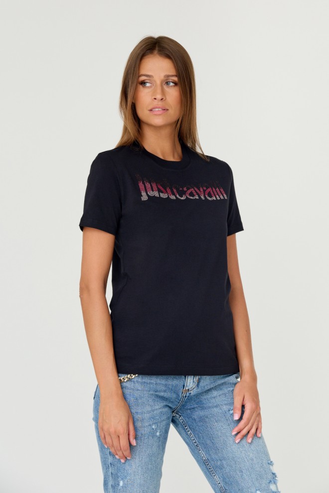 JUST CAVALLI Tricou negru pentru femei R LOGO CRYSTAL