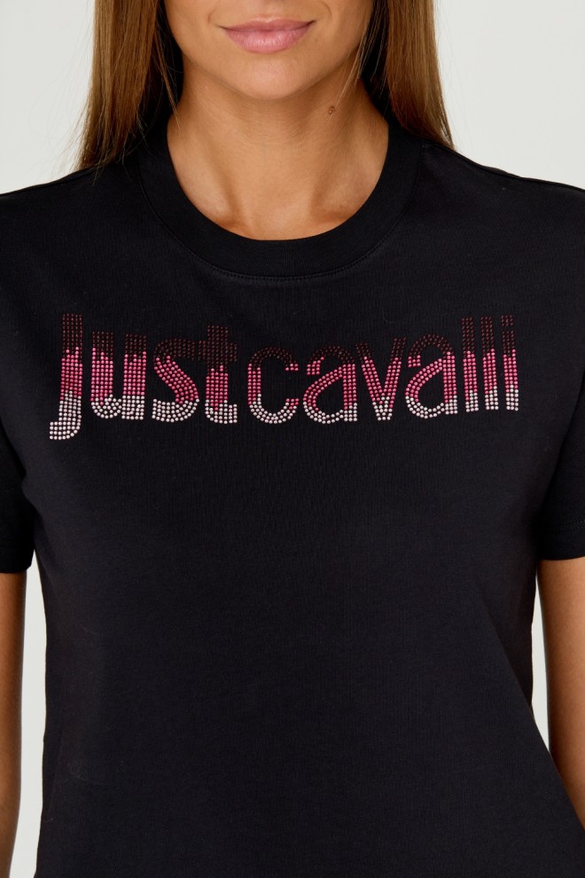 JUST CAVALLI Tricou negru pentru femei R LOGO CRYSTAL