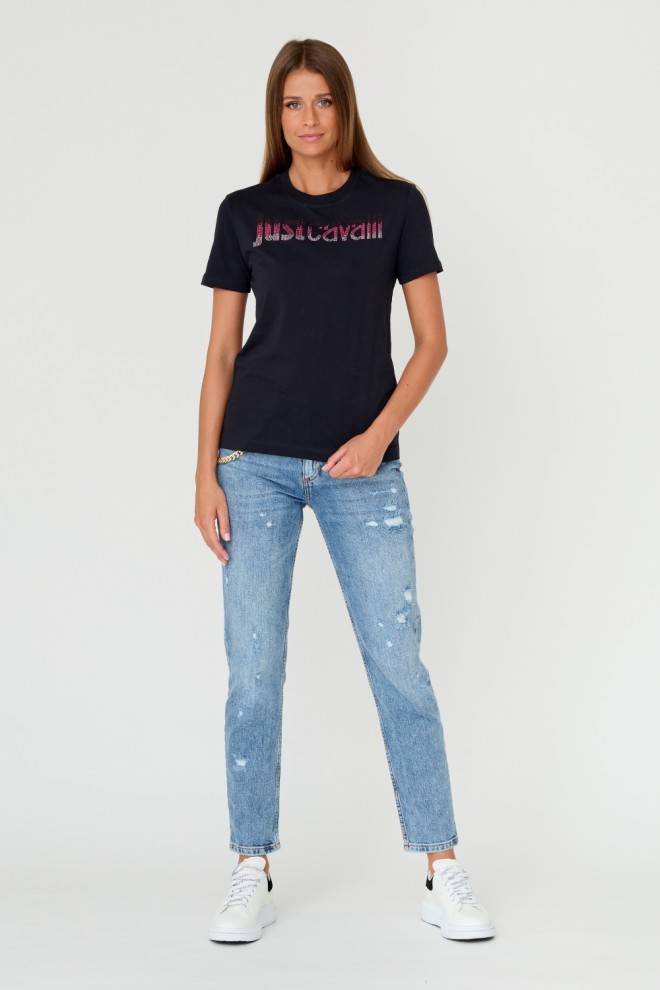 JUST CAVALLI Tricou negru pentru femei R LOGO CRYSTAL