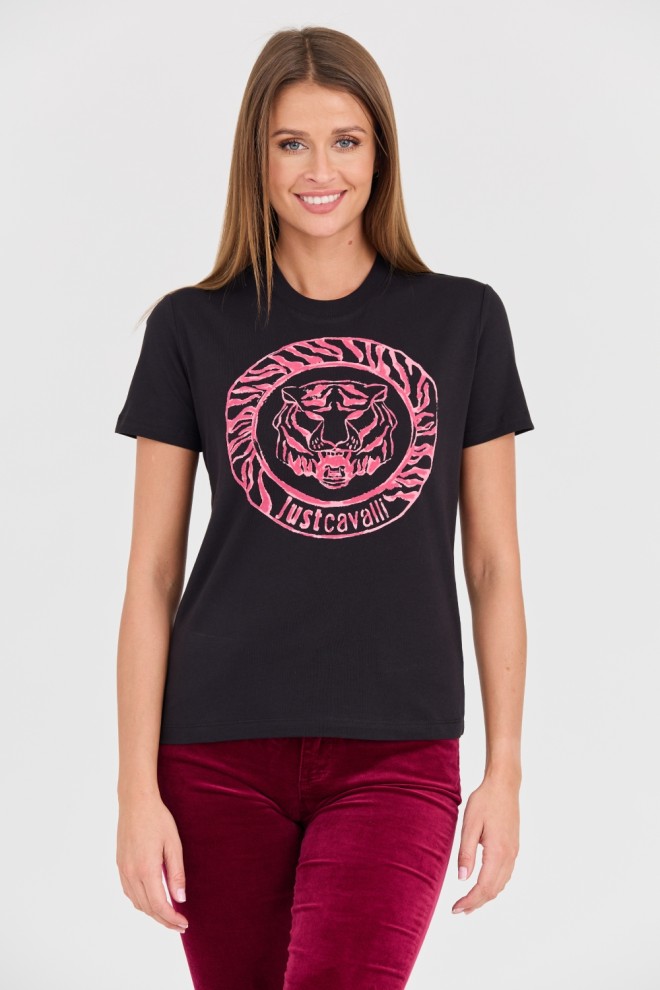 JUST CAVALLI Black R Tiger Round Flock T-Shirt