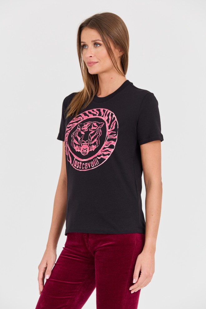 JUST CAVALLI Tricou negru pentru femei R Tiger Round Flock