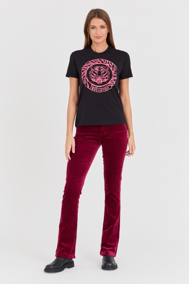 JUST CAVALLI Tricou negru pentru femei R Tiger Round Flock