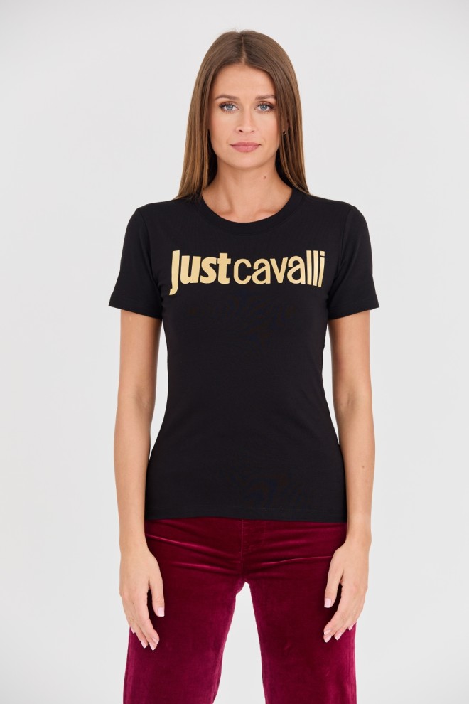 JUST CAVALLI Tricou negru Logo Gold pentru femei