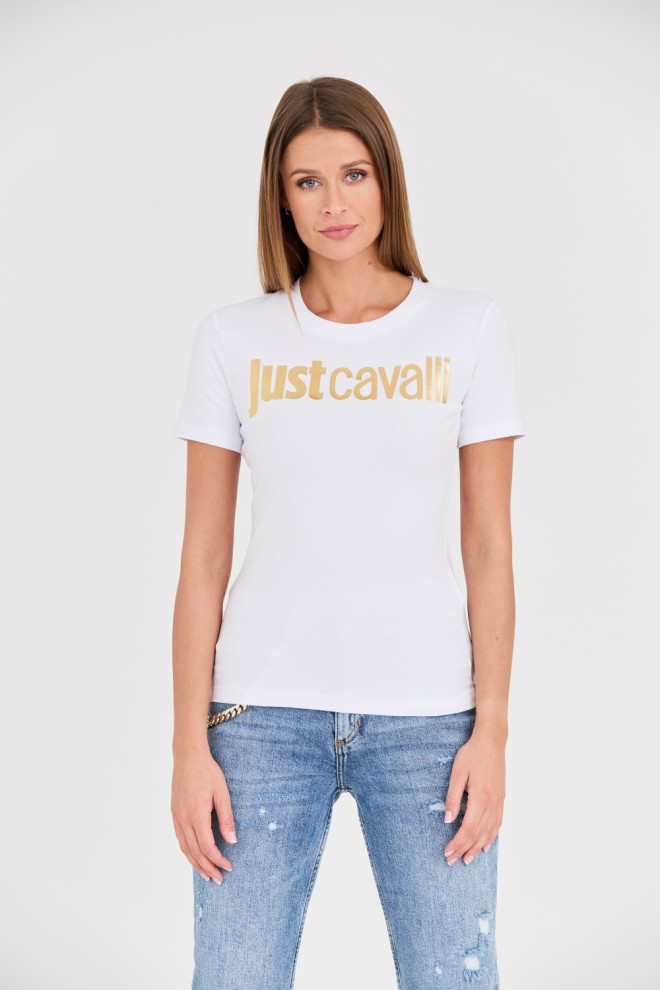 Біла футболка з золотим логотипом JUST CAVALLI