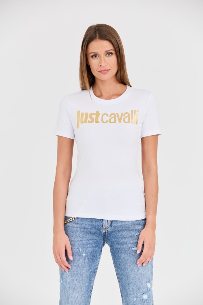 JUST CAVALLI Tricoul Logo Gold alb pentru femei