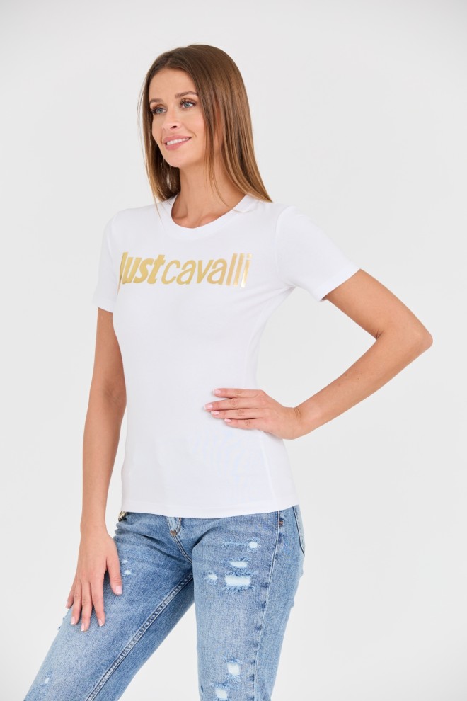 Біла футболка з золотим логотипом JUST CAVALLI