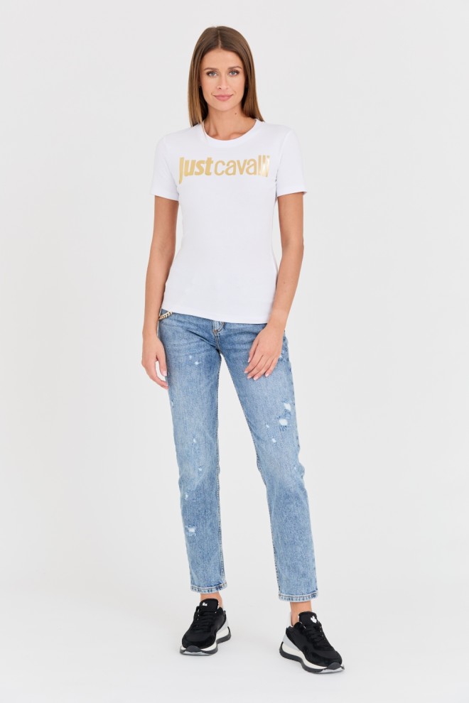 JUST CAVALLI Tricoul Logo Gold alb pentru femei