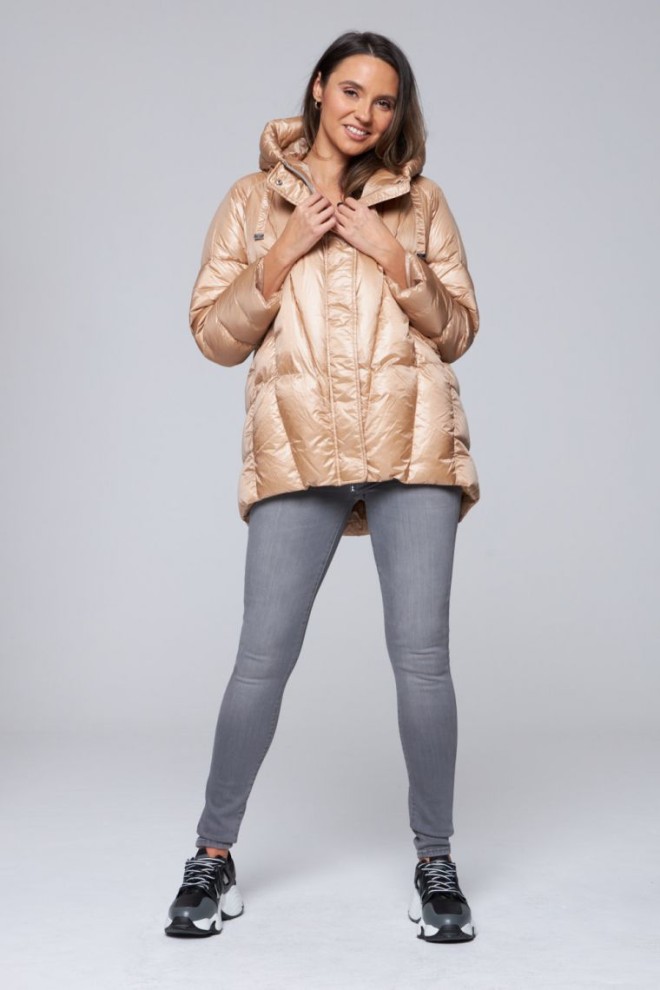 DIEGO M Beżowa damska kurtka puchowa z kapturem