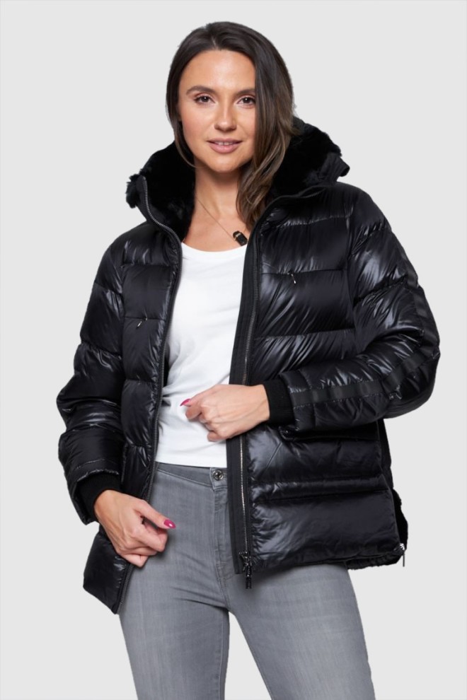 DIEGO M Black down jacket with rabbit fur