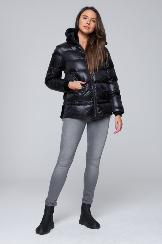 DIEGO M Black down jacket with rabbit fur