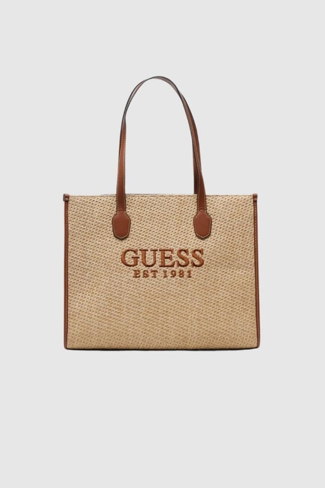 GUESS Beżowa shopperka silvana z haftowanym logo